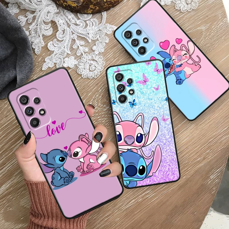 Disney Stitch Angel Love For Samsung A53 A52 A33 A32 A51 A71 A21S A13 A73 A50 A22 A23 A03 A72 A54 A12 5G Black Phone Case