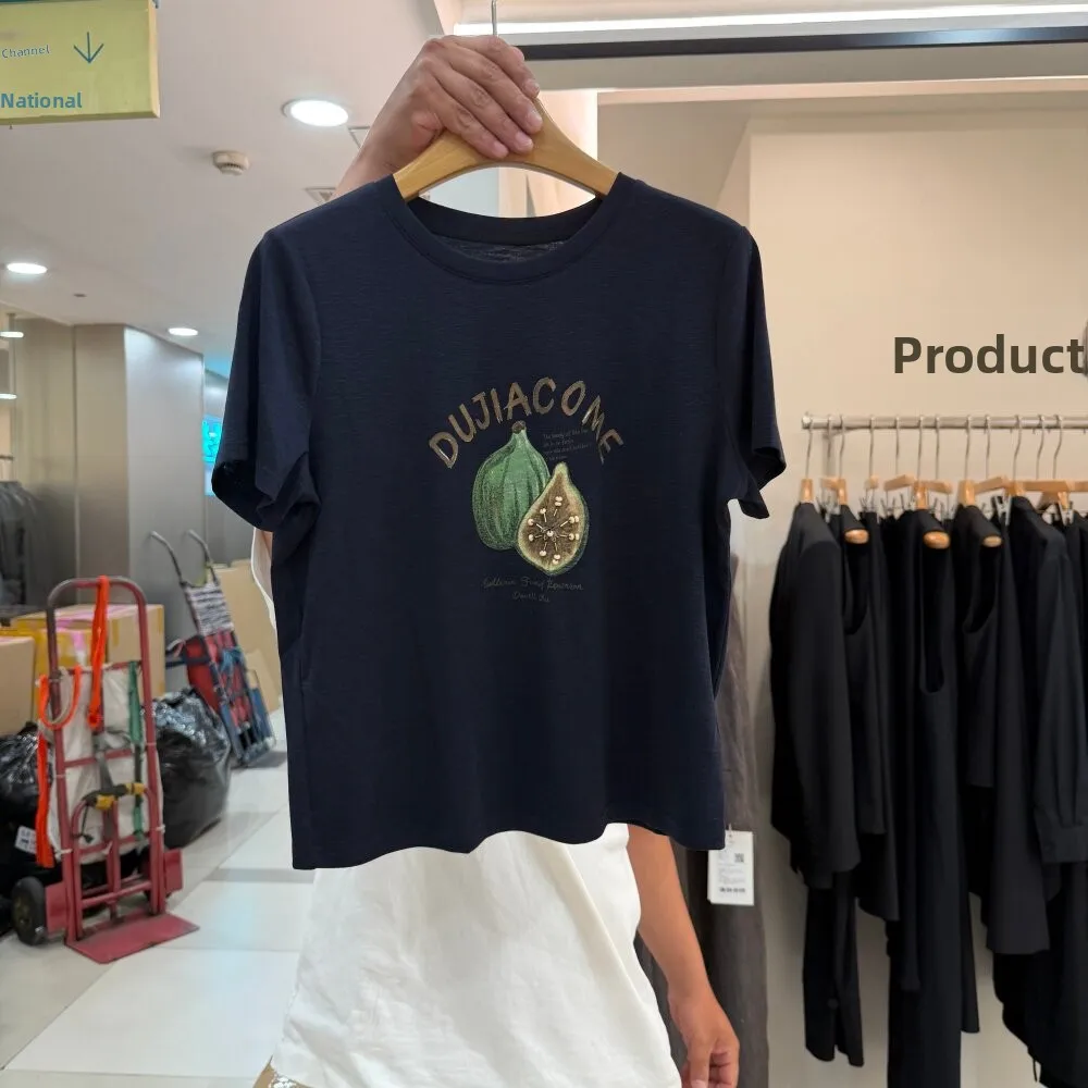 Hand-Painted Fruit Print Short-Sleeve round Neck T-Shirt Women's Loose Casual Top Deep Blue Summer Heavy-Work European Style