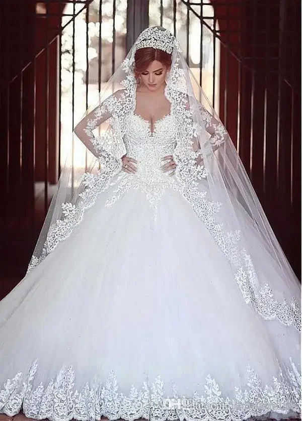 Customized Luxury Plus Size For Bride Custom Made Lace Ball Wedding Dresses Long Sleeves Bridal Gowns