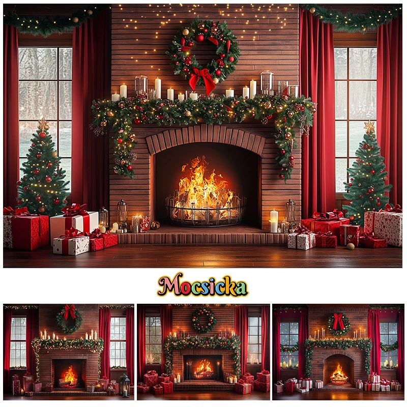 

Mocsicka Photography Background Winter Christmas Fireplace Bear Gifts Xmas Tree Kids Family Portrait Decor Backdrop Photo Studio