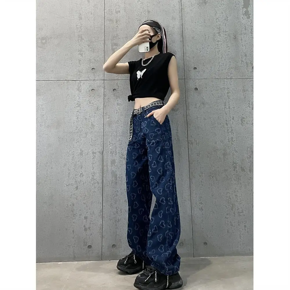 Retro Jeans Women's Spring/Summer New Love Print Wide Leg Pants Korean High Waist Loose fitting Fashion Casual Denim Pants