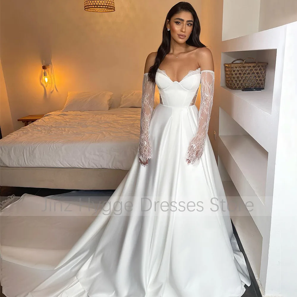 Vestido de casamento cetim para mulheres, decote V, linha A, vestidos de casamento, recortado longo, vestido de noiva frisado, renda, luxo, 2023