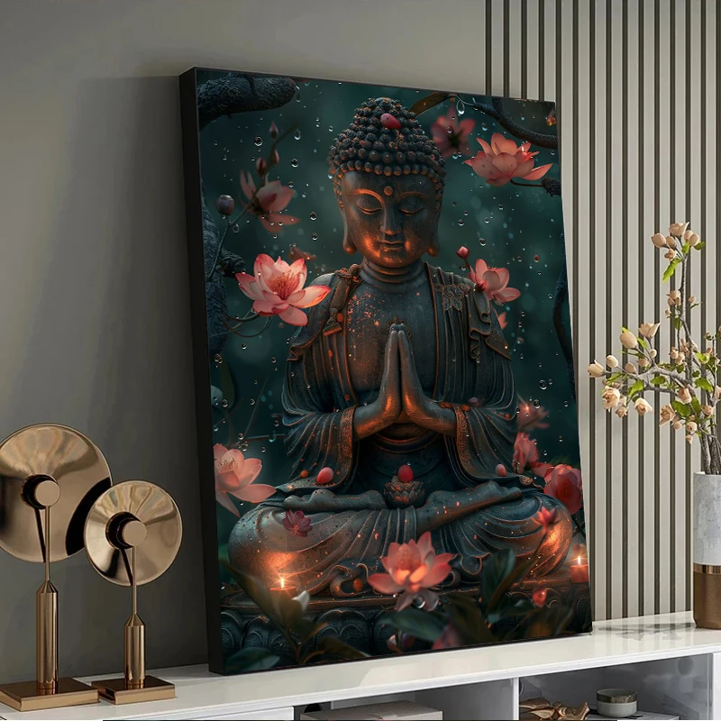 Religious Buddha with Lotus Flowers Wall Art Canvas Painting Buddhism Buddha Sculpture Poster Prints for Living Room Home Decor