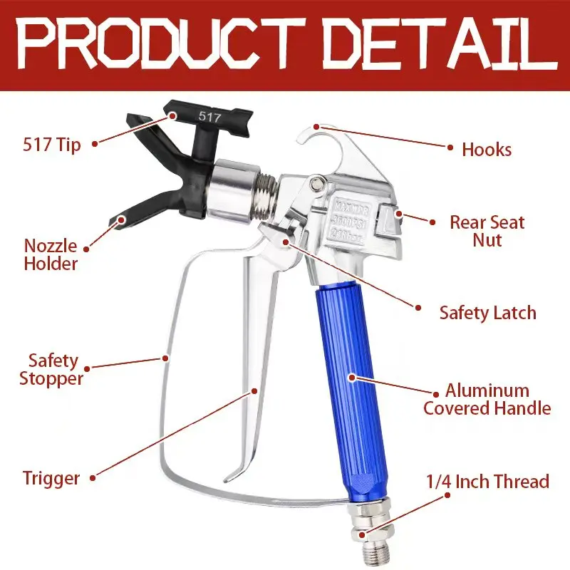 Airless Spray Gun Kit High Pressure 3600PSI with 5 Spray Tips 211/313/415/517/623, 5 Filters and 5 Seals for Paint Sprayer image 2