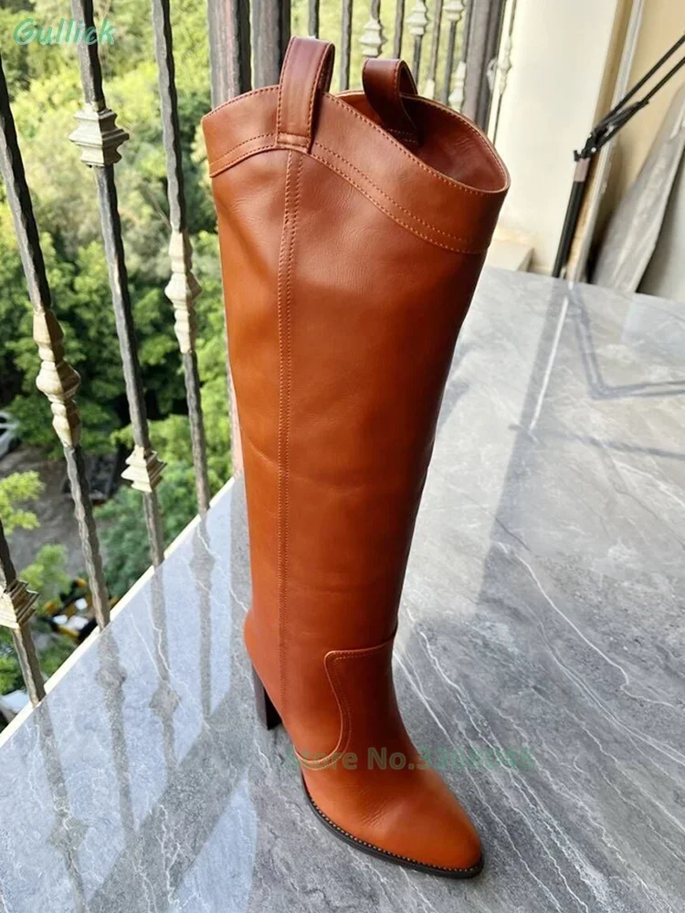 Leather Knee High Block Heel Boots Pointed Toe Slip On Fashion 2024 Runway Winter Women Boots Tan Black Chunky Heel Shoes