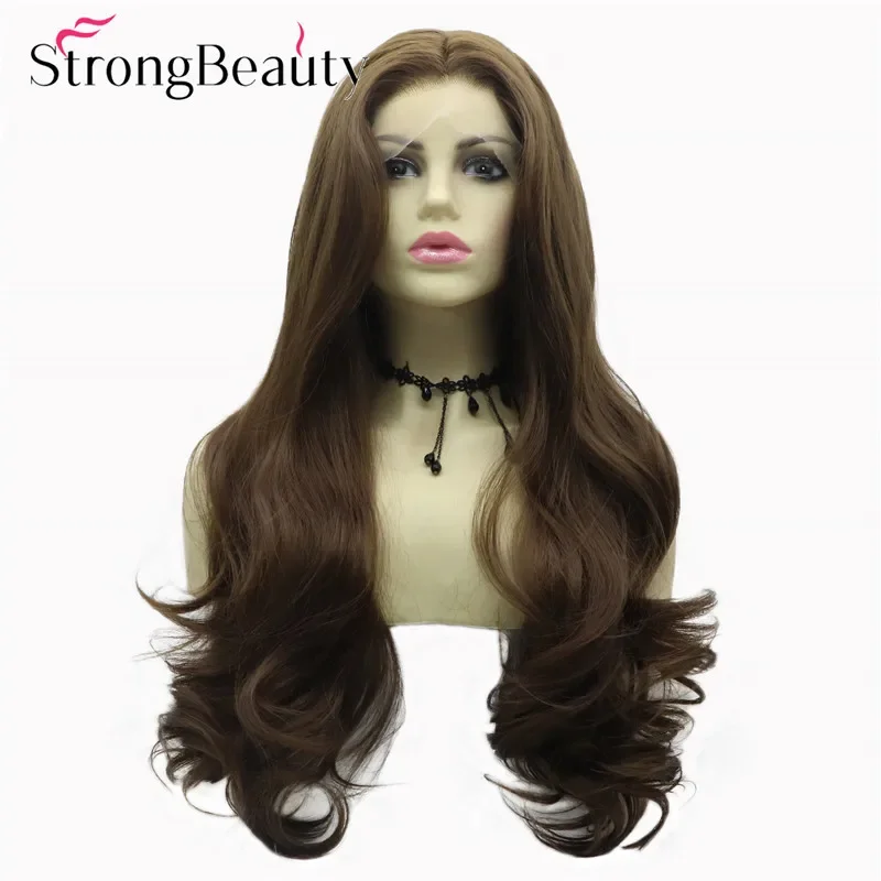 StrongBeauty Long Wavy Lace Front Synthetic Wigs Light Chestnut Brown Women Wig Heat Resistant Hair