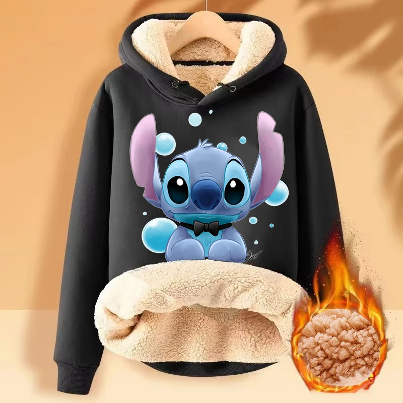 Disney Stitch Adult Hooded Sweatshirt Cartoon Anime Winter Lamb\'s Cashmere Hoodie Thickened  Heat Preservation Clothes Cute Gift