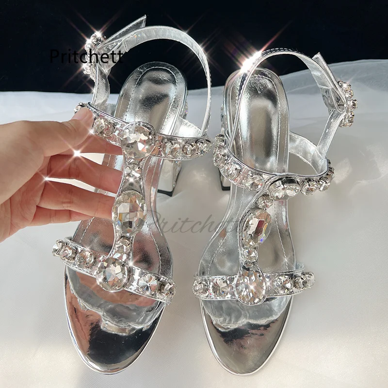 

Silver Rhinestone High Heels Women's Sandals Open Toe T-Strap Buckle 10Cm Chunky High Heeled Crystal Sandals Summer Wedding Shoe