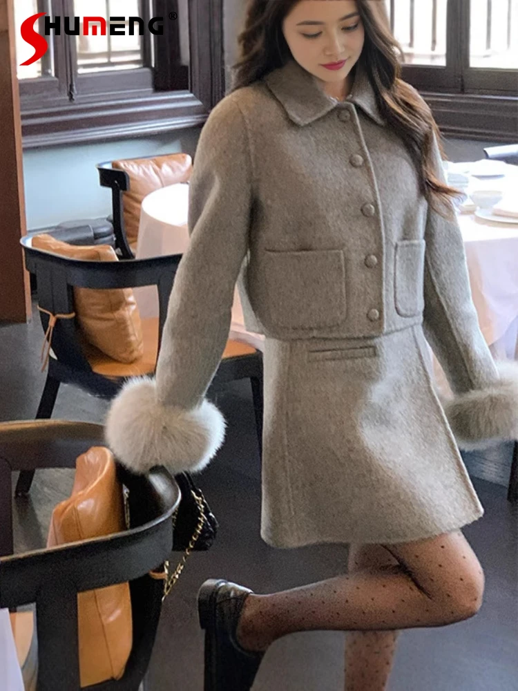 Women's 2024 Autumn Winter New Dress Sets Fur Collar Socialite Temperament 2pcs Double-side Woolen Tops Solid Color Skirt Sets