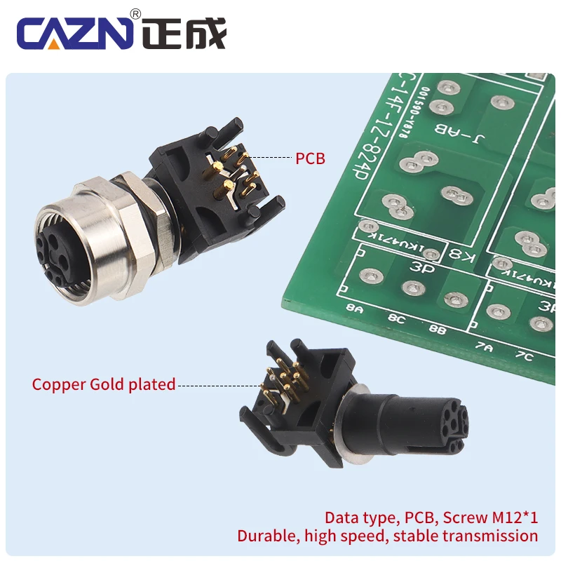 M12 Y-Coded Curved PCB Socket Female 6 8 Pin IP67 Waterproof Shielded for Industrial Data Networks & Robotics