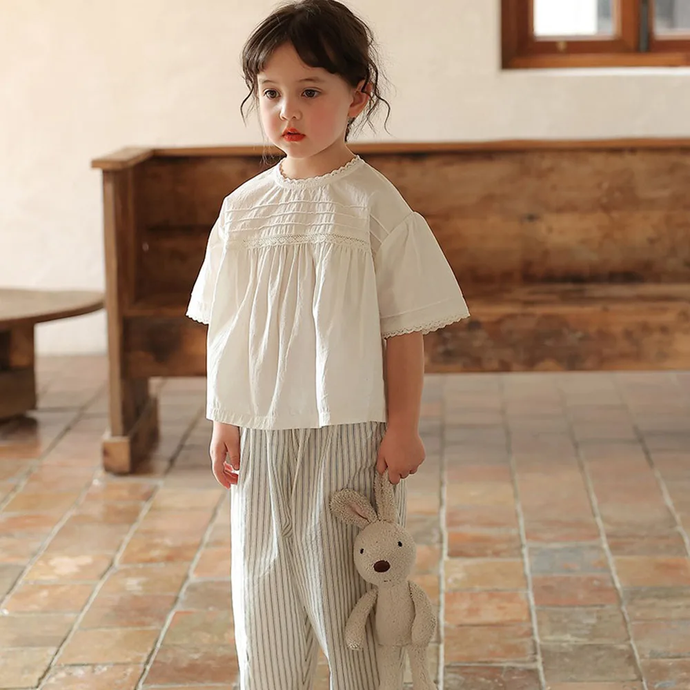 

2-7T Girl's Cotton Fabric 2piece Set Casual Summer Loose Lace Collar Drop Shoulder T-shirt+Elastic Vertical Stripes Harlan Pants