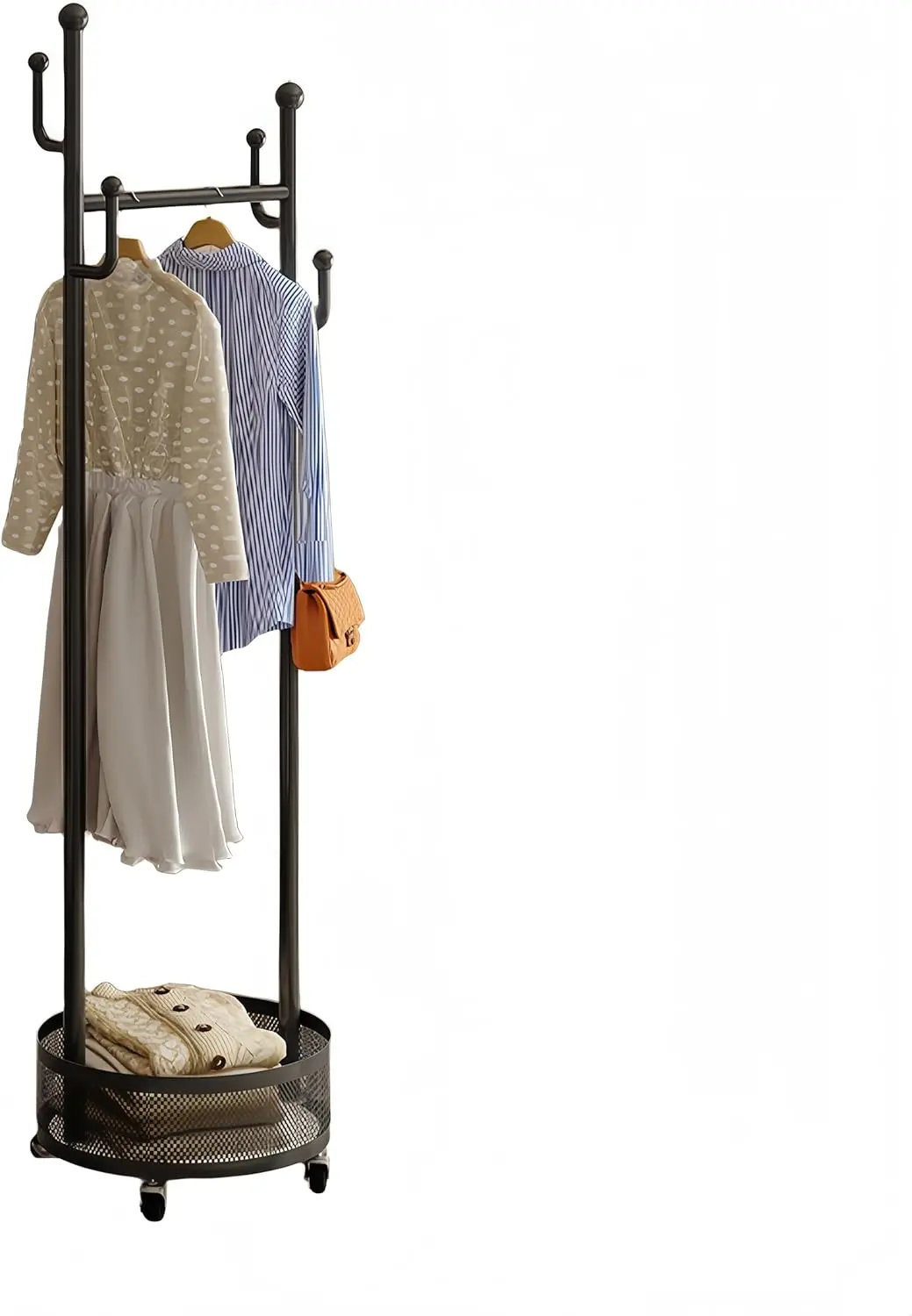 

Modern Minimalist Coat Rack with Storage Basket, Metal Garment Rack on Wheels, Black Powder Coated Finish for Entryway Bedroom