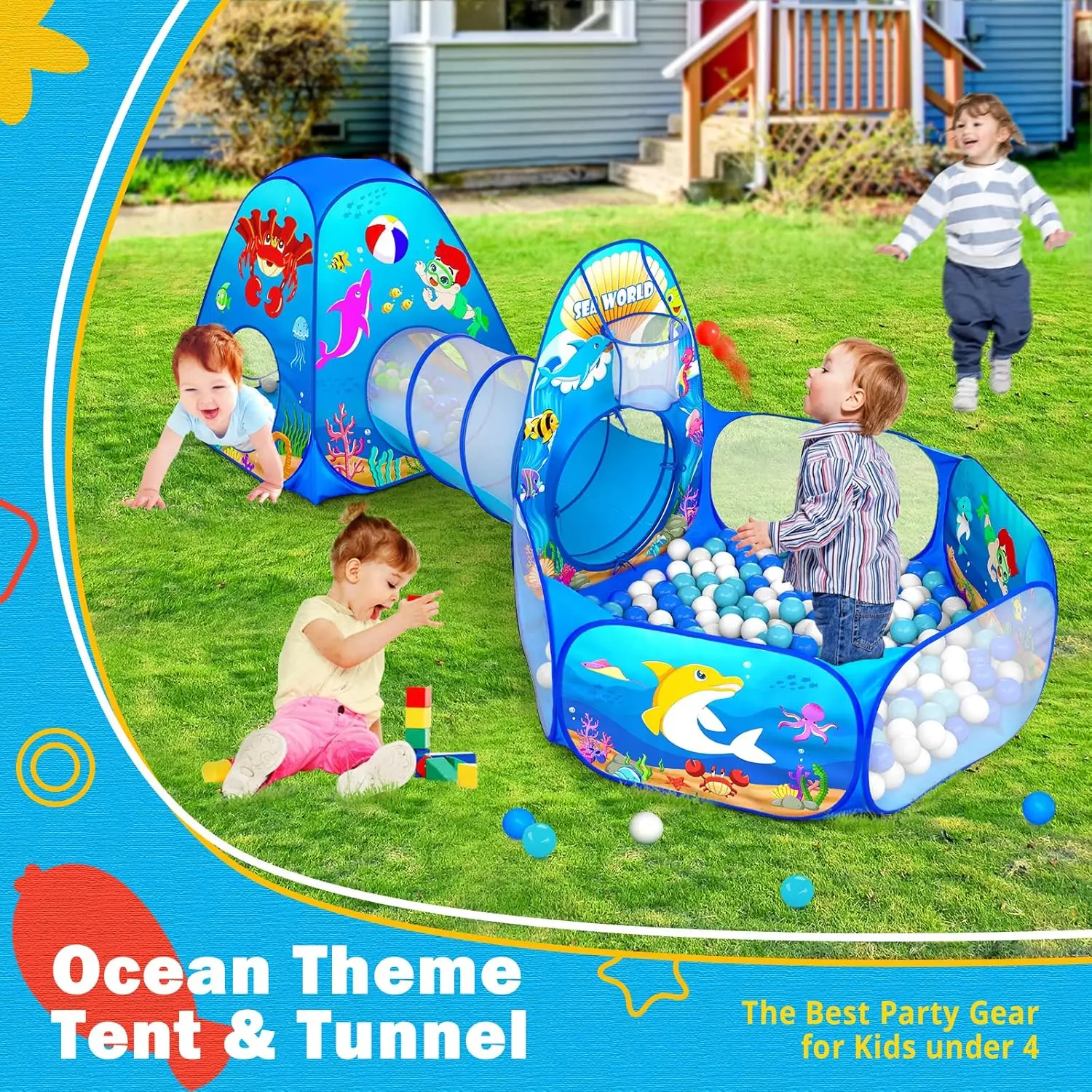 3PC kinderballenbakken voor peuters met kinderspeeltent, kindertunnel voor baby, kinderen pop-up binnen/buiten speelhuisje speelgoed voor jongens