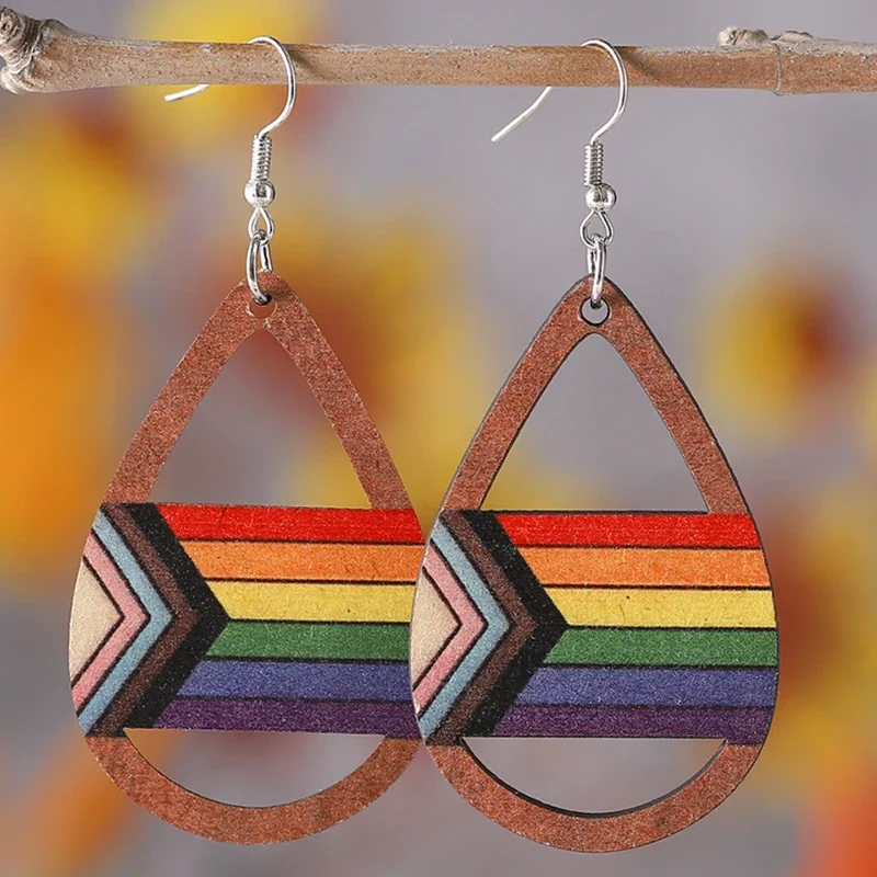 1 Pair of European and N Exaggerated Wooden Double-sided Rainbow Water Drop Earrings