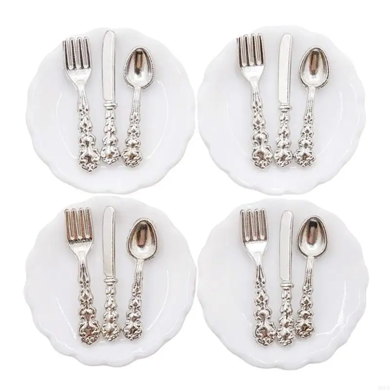 

R6FD 4Sets Dollhouses Kitchen Tableware Set with Ceramic Plates and Metal Cutlery for Dollhouses Kitchen Display Project Decors