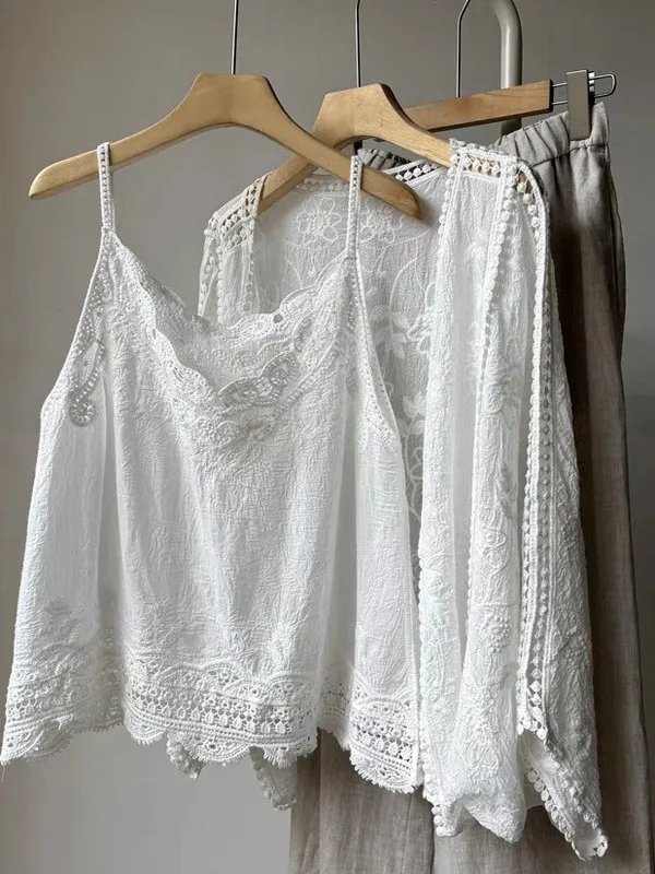 Retro Heavy Embroidery Small Strap Vest Set Women Summer High-End Hollow out Sun Protection Shawl Top Two-Piece Set