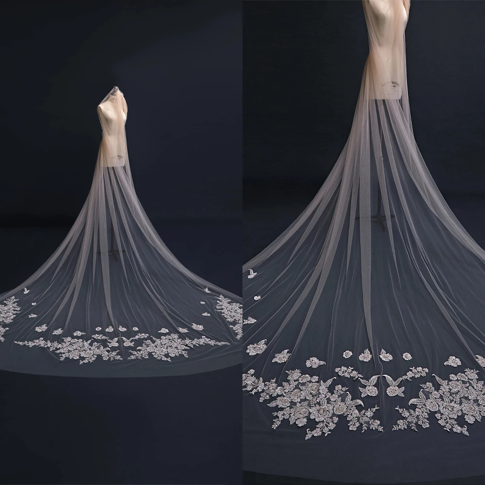 

Elegant White 3m 1Layer Wedding Veil With Comb Lace Bridal Veils Appliqued Cathedral Wedding Veil velos de novia Customized