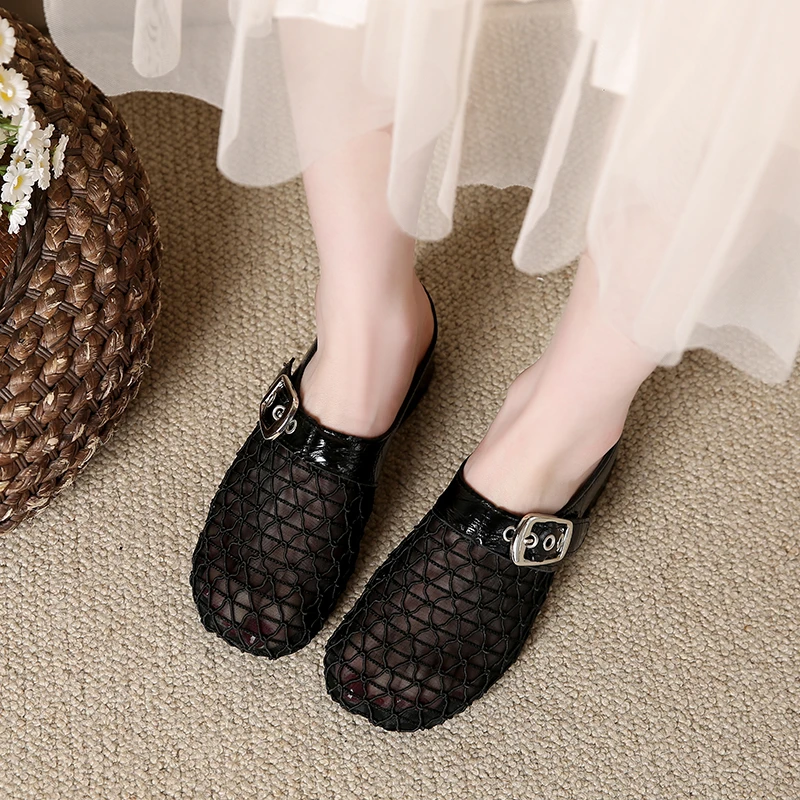 Damen-Maultiere, Hausschuhe, 2025, Sommer, klobiger Absatz, Freizeitschuhe, Damen, atmungsaktive Mesh-Hausschuhe, Damen-Designer-Sandalen mit Schnalle und Dekor