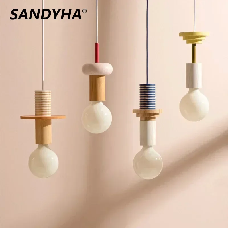 

Nordic Home Deco Modern Ceiling Chandeliers Minimalist Cream Style Geometric Solid Wood LED Lights Dining Room Bedroom Lightings