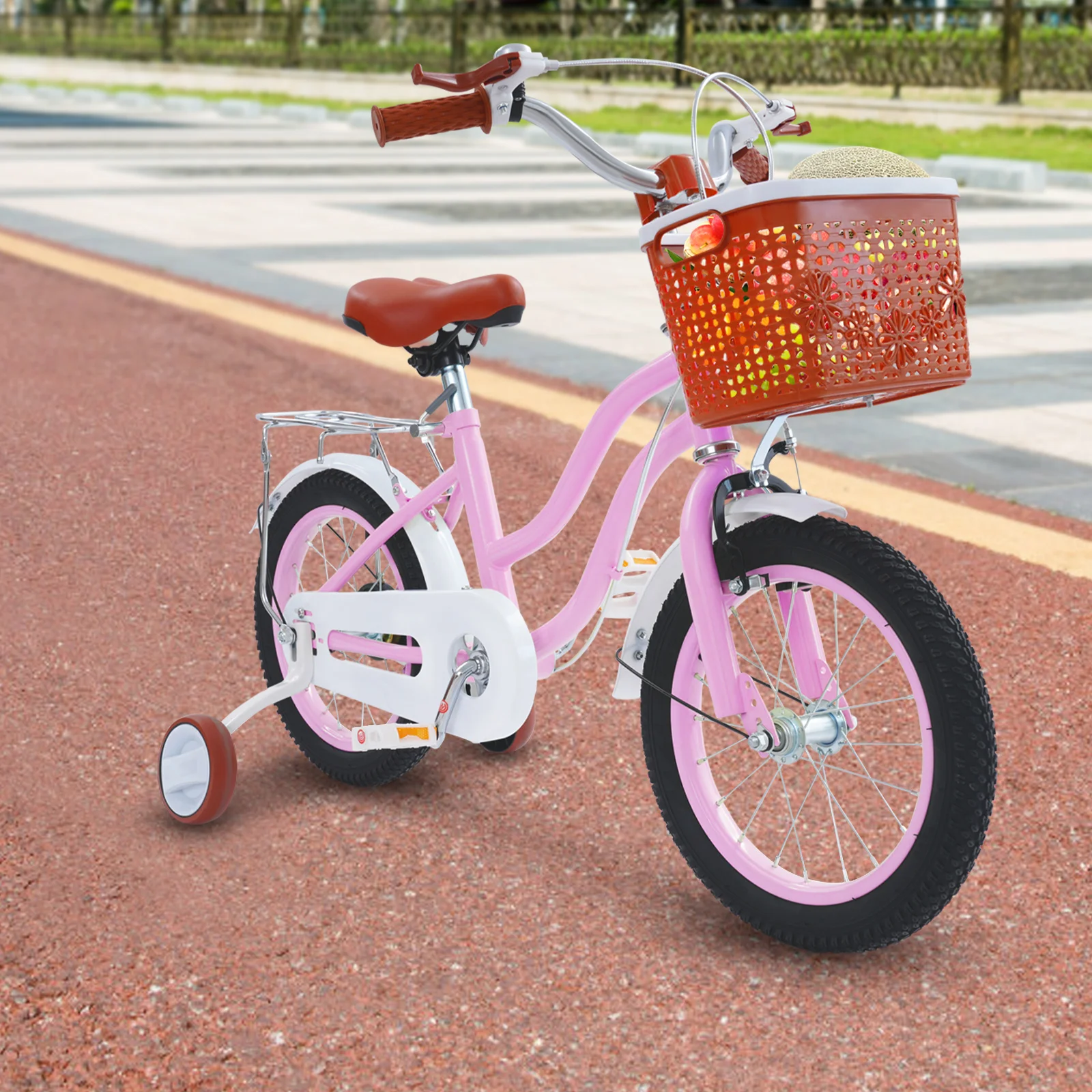 14-Zoll-Kinderfahrrad mit Stützrädern Rosa/Beige Kinderfahrrad 60 kg Tragfähigkeit für Kinder ab 3–7 Jahren