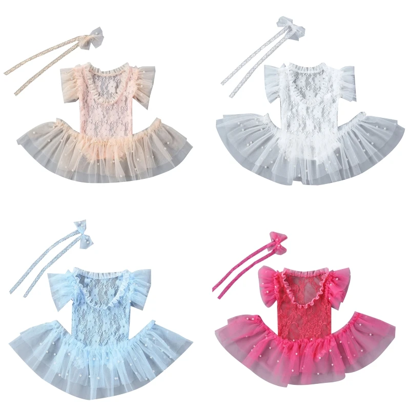 

Lace Dress Photography Props Baby Outfits with Headband Skirt Bodysuits Skin-Friendly Clothes for Newborns 3Pcs