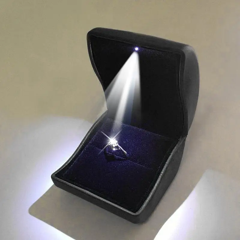 77HE Jewelry Gift Boxes LED Light Singlr Ring Box Leather Ring Box Cases for Display Showcase Home Purse Easy to Carry