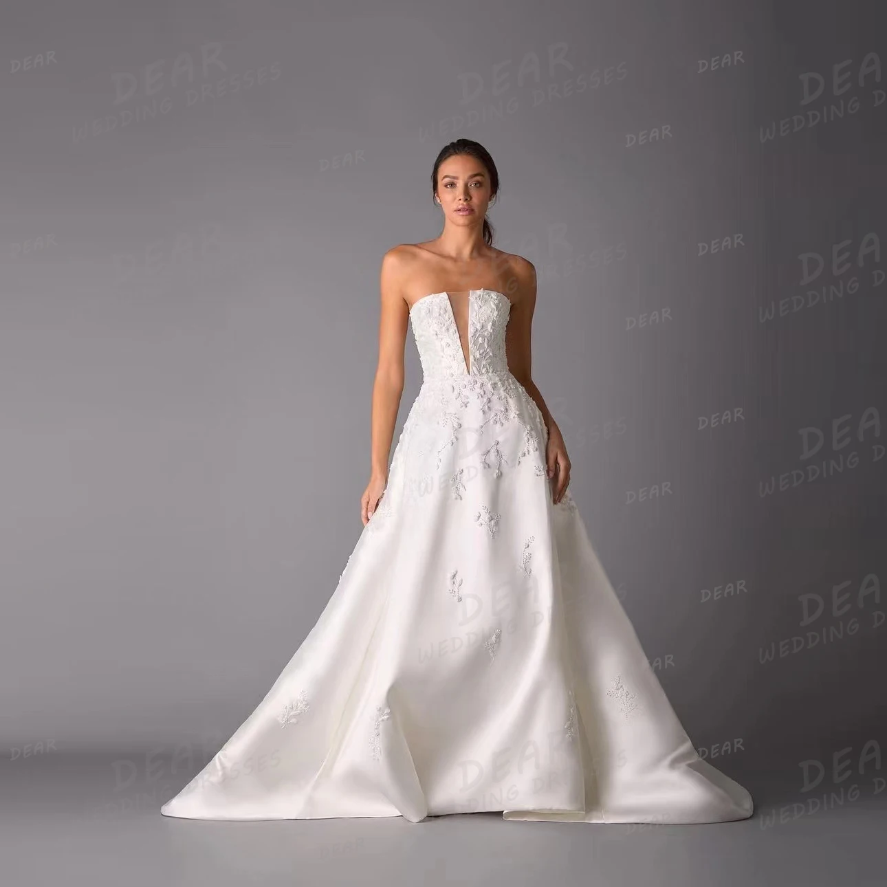 Gaun pernikahan wanita leher V mewah gaun pengantin applique elegan A Line tanpa lengan Backless Satin Vistidos De Fiesta