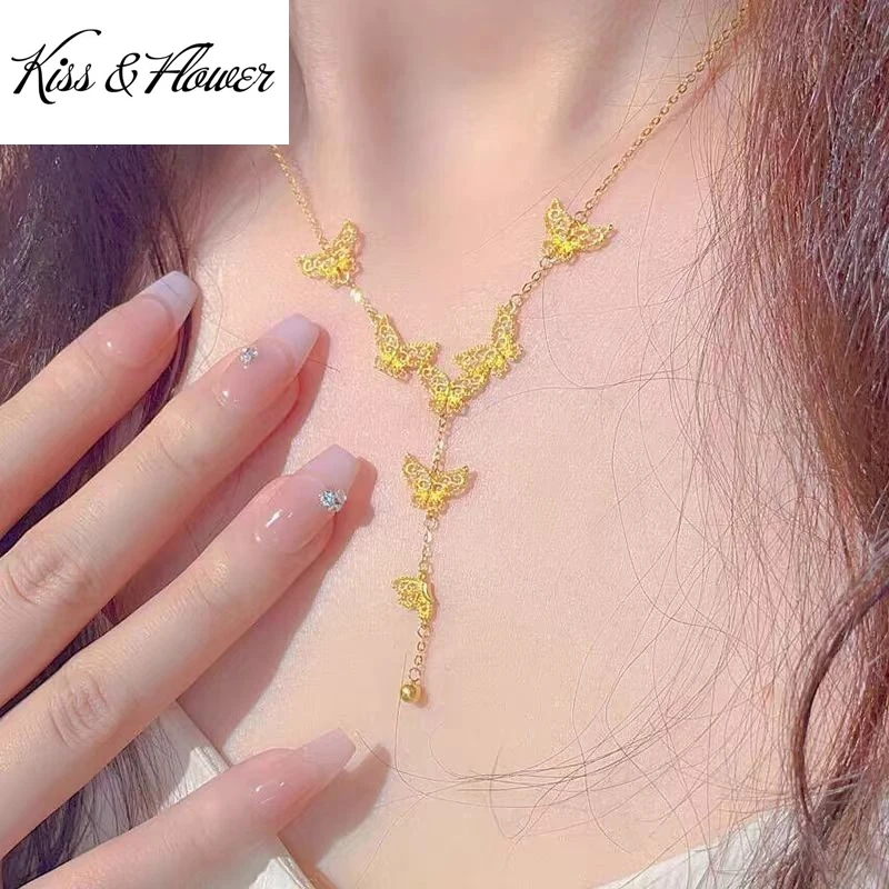 

KISS&FLOWER 24KT Gold Butterfly Tassel Jewelry Set For Women Ring+Necklace Fine Jewelry Wedding Party Birthday Bride Gift JS67