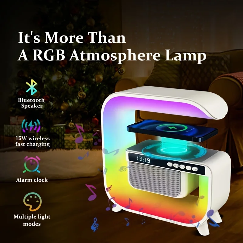 1 قطعة ضوء ليلي RGB متعدد الوظائف ملون أيضًا مكبر صوت أيضًا شاحن لاسلكي أيضًا ساعة منبه لهدية عيد الميلاد