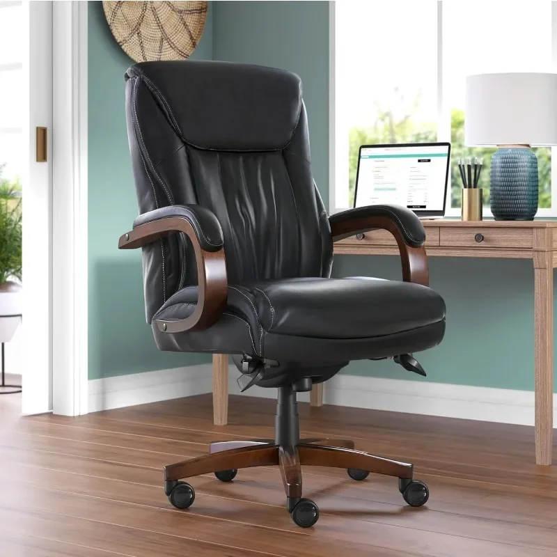 Large and Height Executive Office Chair with Comfort Core Cushion, Solid Wood Arms and Base, Waterfall Seat Edge