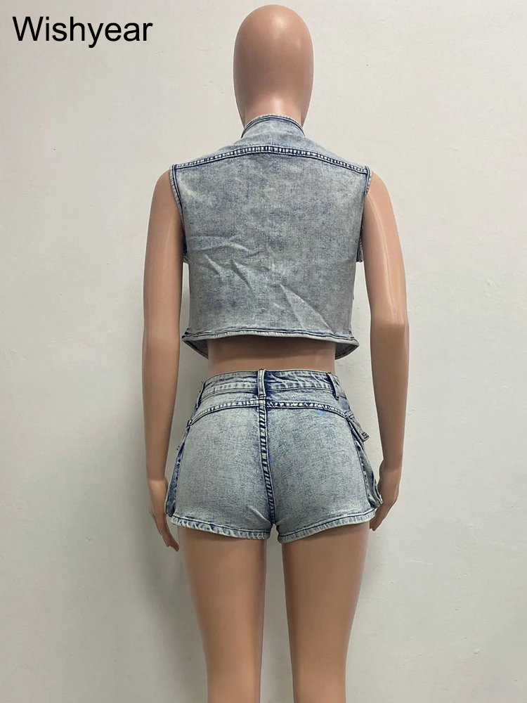 Sexy Stretch Denim Pockets Sleeveless Vest Jackets Crop Tops and Shorts Jeans Women Two 2 Piece Set Birthday Club Beach Outfits