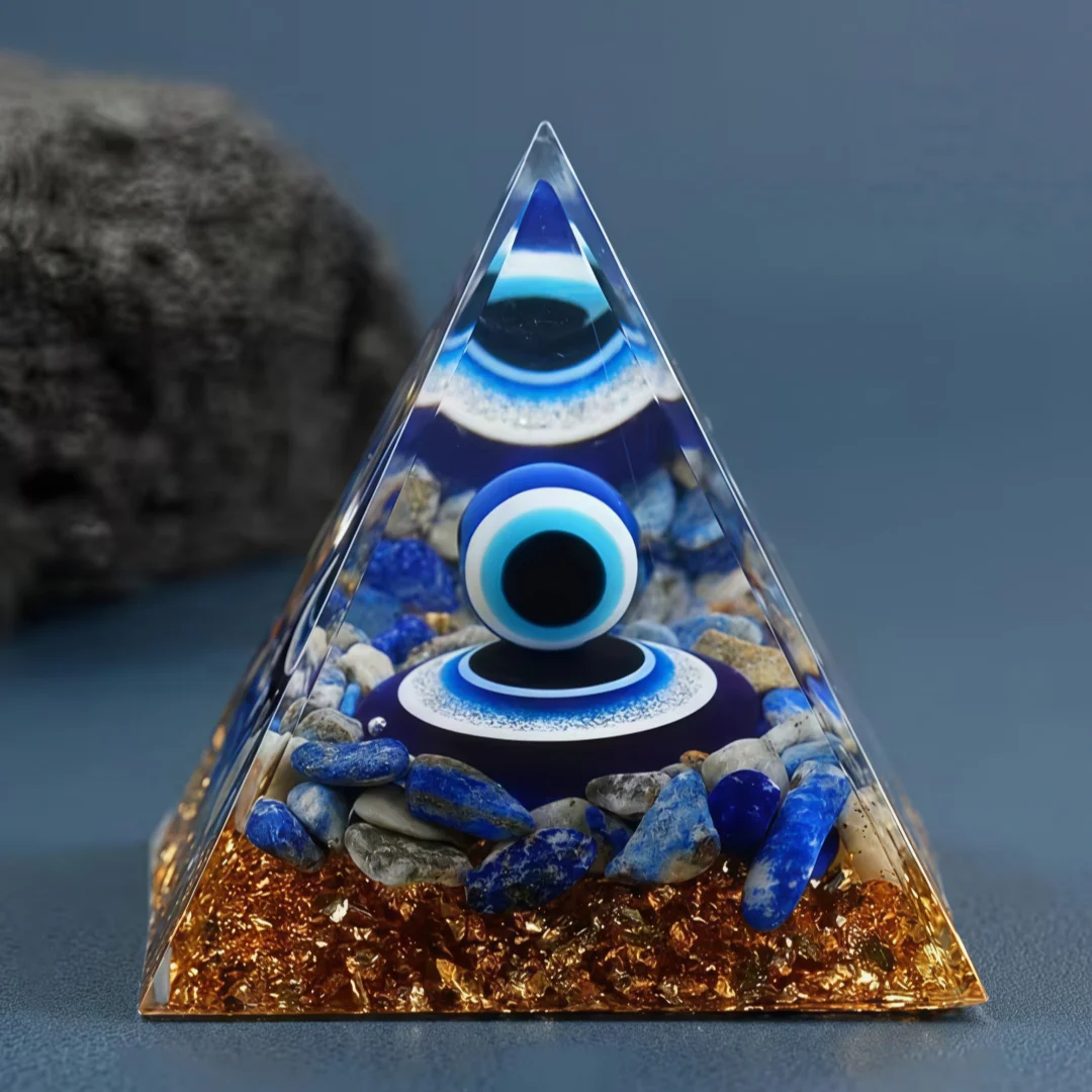 Lapis Lazuli Evil Eye Orgone Pyramid - Natural Crystal Chip & Resin Sphere for Decor, Home Decoration, Eyes Of The Devil