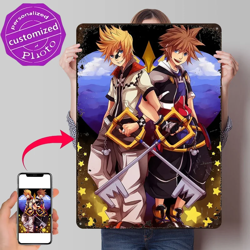 Kingdom Hearts: Sora and Roxas Artwork 3D Texture Printed Poster Custom Vintage Metal Tin Plate Sign for Wall Art Coffee Bar
