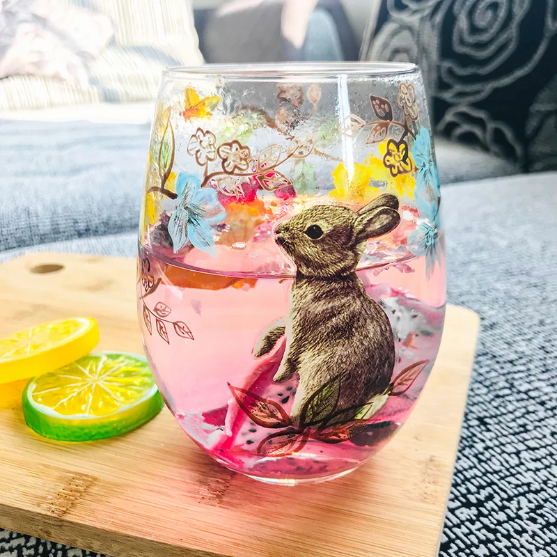 

Creative Hand Painted Glass Cup Personality Trend Cartoon Rabbit Big Capacity Water Cup Household Kawaii Drink Cup Juice Cup