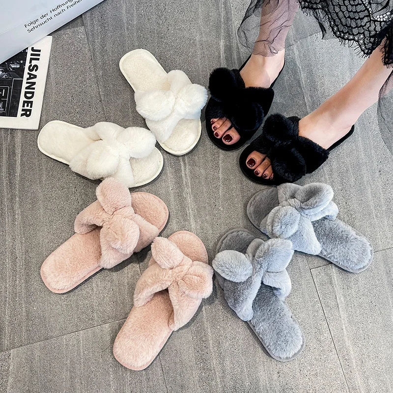 Inverno nuovo Indoor Bow-Knot donne pantofole di pelliccia grigio rosa solido pelliccia sintetica calde scarpe di peluche casa signore soffici pantofole