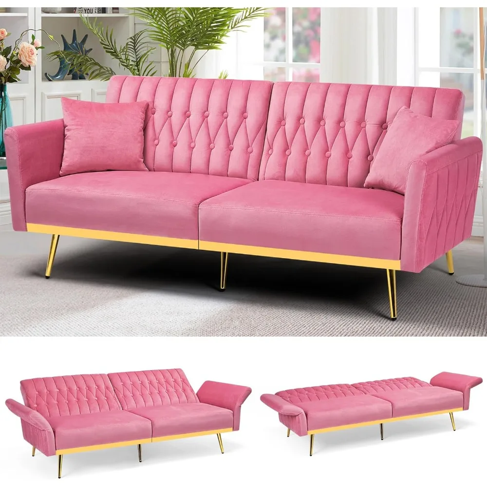 70” Velvet Futon Sofa Bed, Convertible Sleeper, Modern Recliner for Living Room, Bedroom, Pink