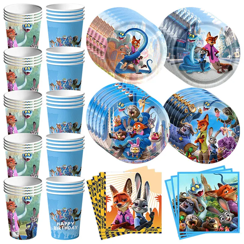 Décoration d'anniversaire Zootopia : Officier Lapin et Nick Renard – Vaisselle, Gobelets, Assiettes, Serviettes, Ballons, Bannière, Porte-clés, Cartes