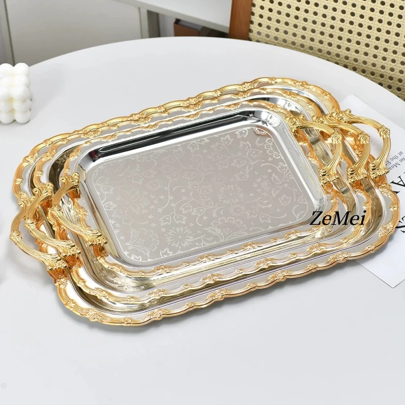 Middle East-Style Rectangle Dessert Plate,Portable Polishing Platinum Metal Fruit Tray, Cake Storage Plate Home Decoration
