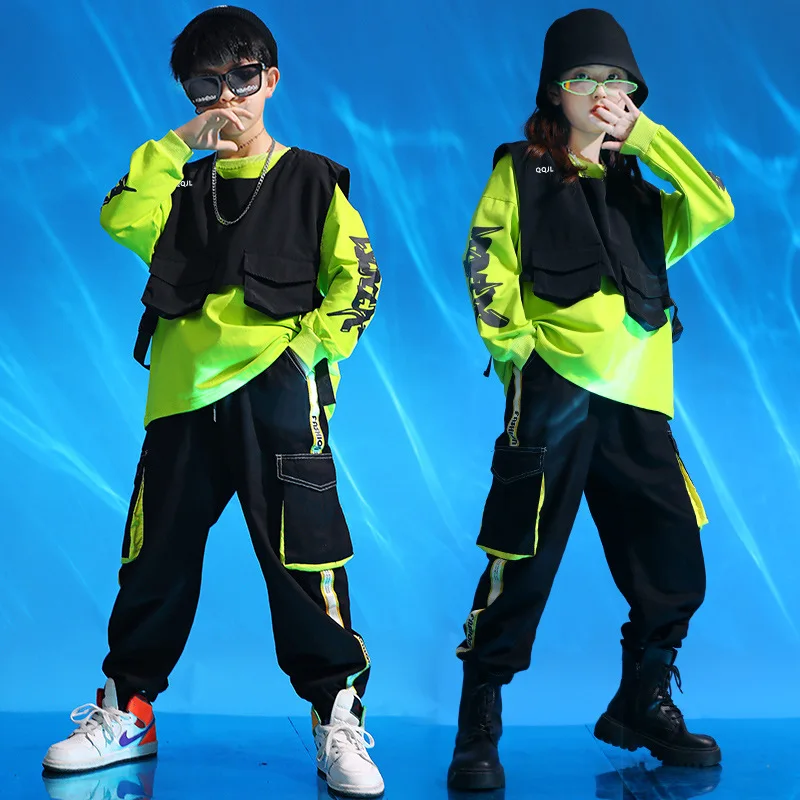 Kids Ballroom Dancing Clothes Hip Hop Costumes for Girls Boys Dance Wear Waistcoat Full Sleeve T Shirt Pants Jazz Dancewear