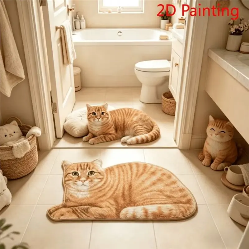 SOFT-Lazy Cat Shaped Plush Bath Rug Quick Water Absorption Entrance Doormat Soft Bedroom Living Room Decor Anti Slip Floor