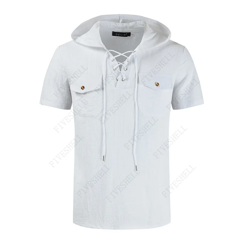 S-3XL 2023 New Men's Casual Hollow Out bandage Short Sleeve T shirts Male Summer Solid Color Mandarin Collar T shirt Tops