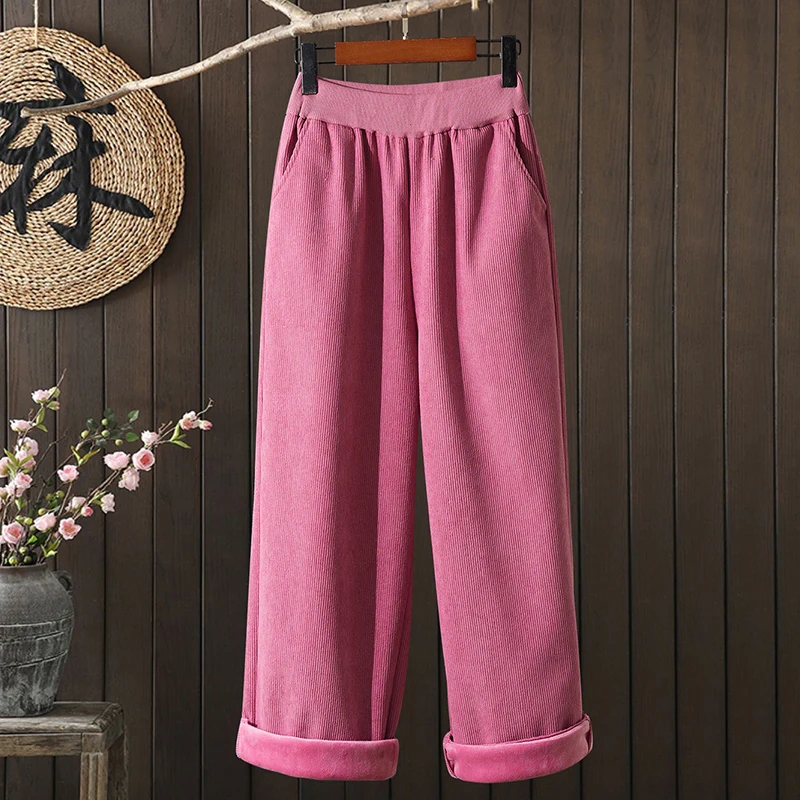 سروال قصير نسائي شتوي Thiened Fce عادية عالية الخصر مستقيم الساق بنطلون أحمر متعدد الاستخدامات Age-defng مرونة الخصر