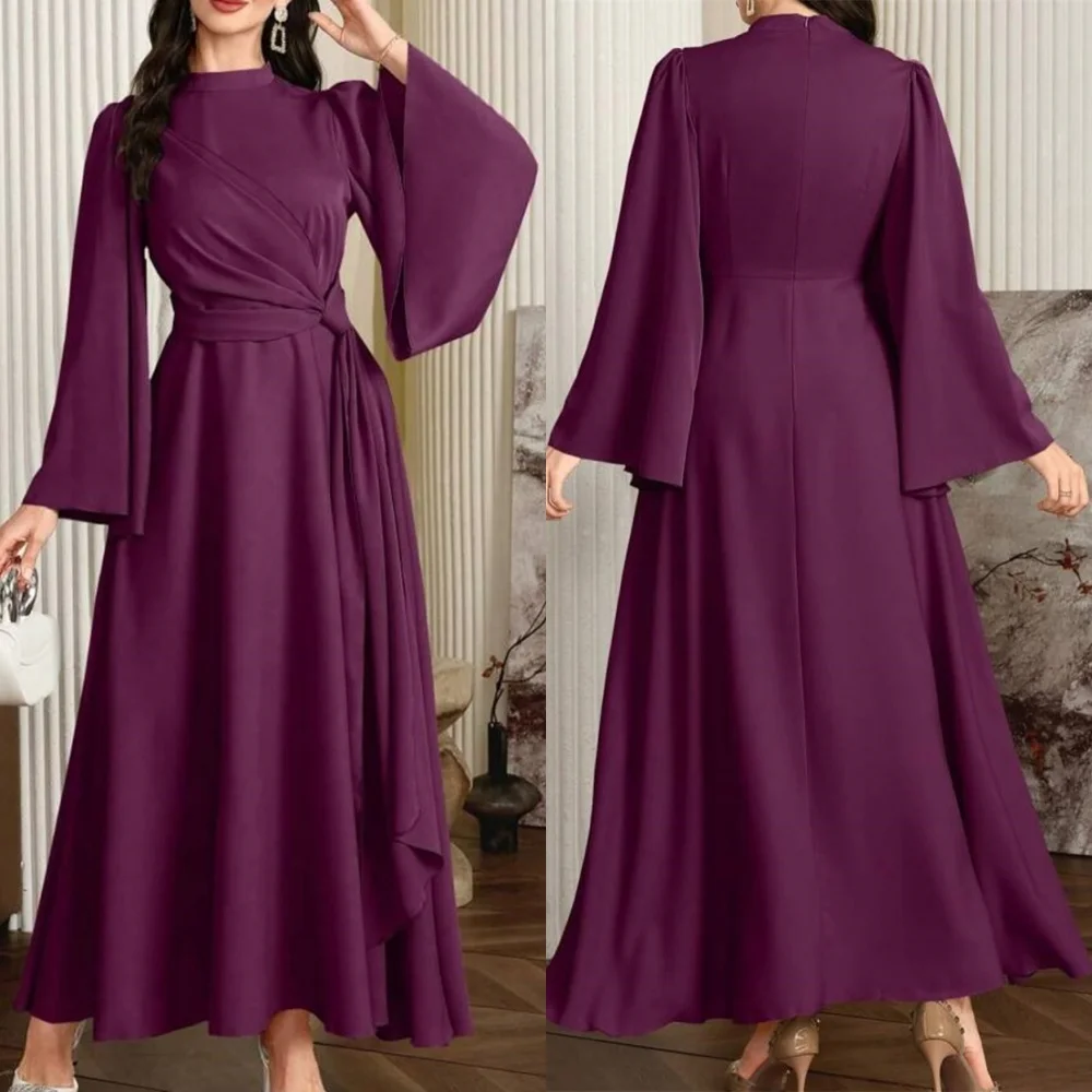 

Customized Modern Purple Satin Evening Dress High Quality Crew Neck Flare Sleeves Long Sleeves Zipper Back Homecoming
