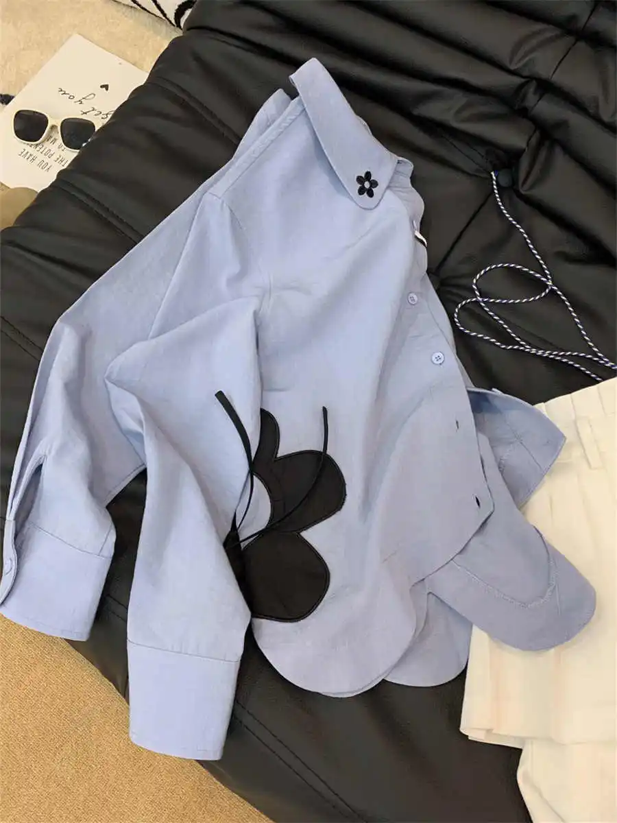 Femmes chemises et chemisiers bleus Vintage Y2k années 90 esthétique Preppy Style années 2000 Polo à manches longues mode vêtements surdimensionnés 2025