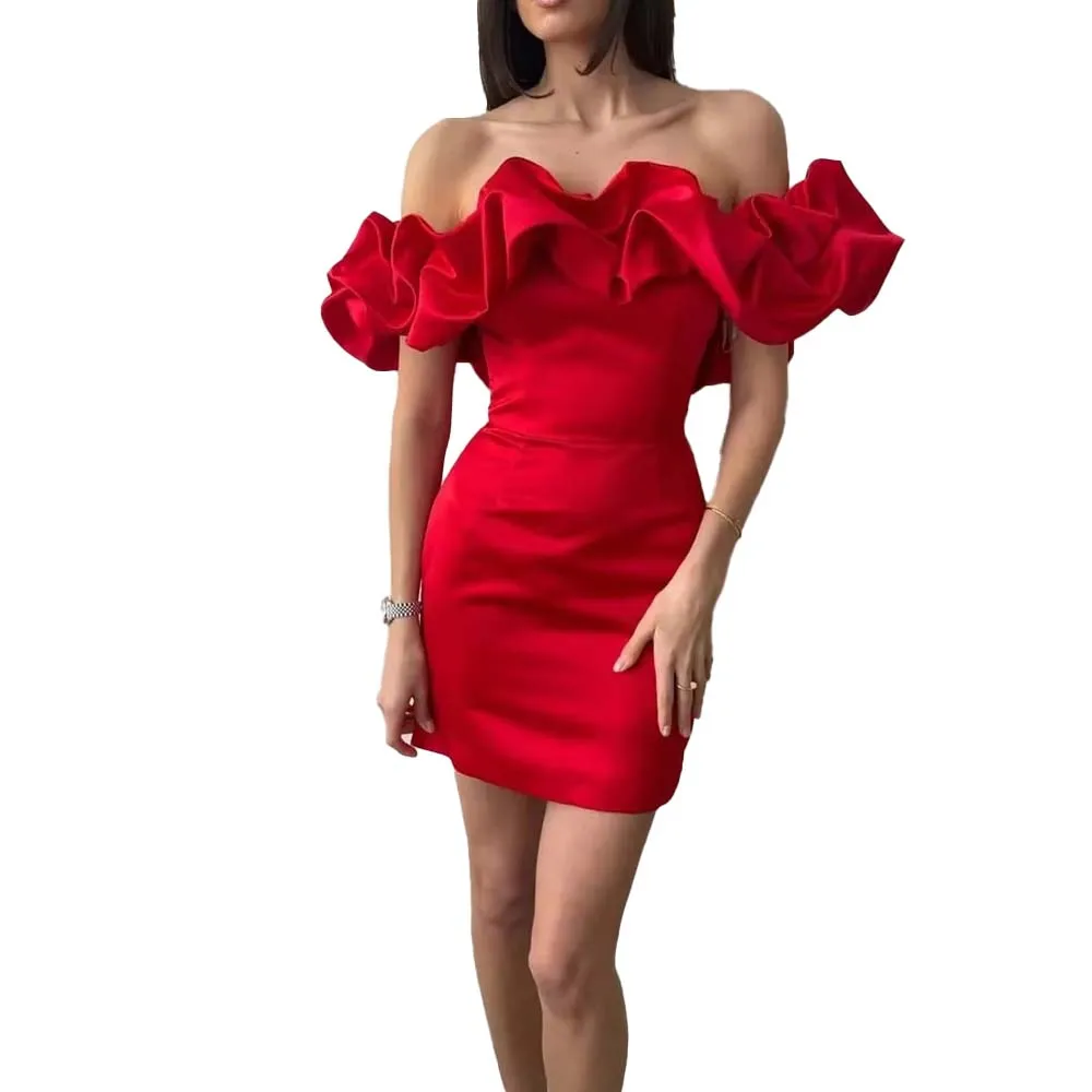 

Elegant Ruffles Off Shoulder Puff Sexy Backless Strapless Mini Evening Dresses