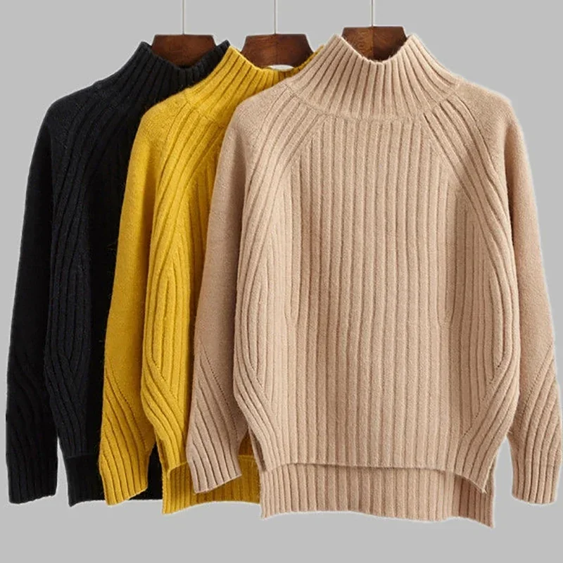 Women Warm Sweater Loose Stripes Pullover Sweaters Mock Neck Solid Knit Split Jumpers Casual Office Sweater Women Autumn Winter