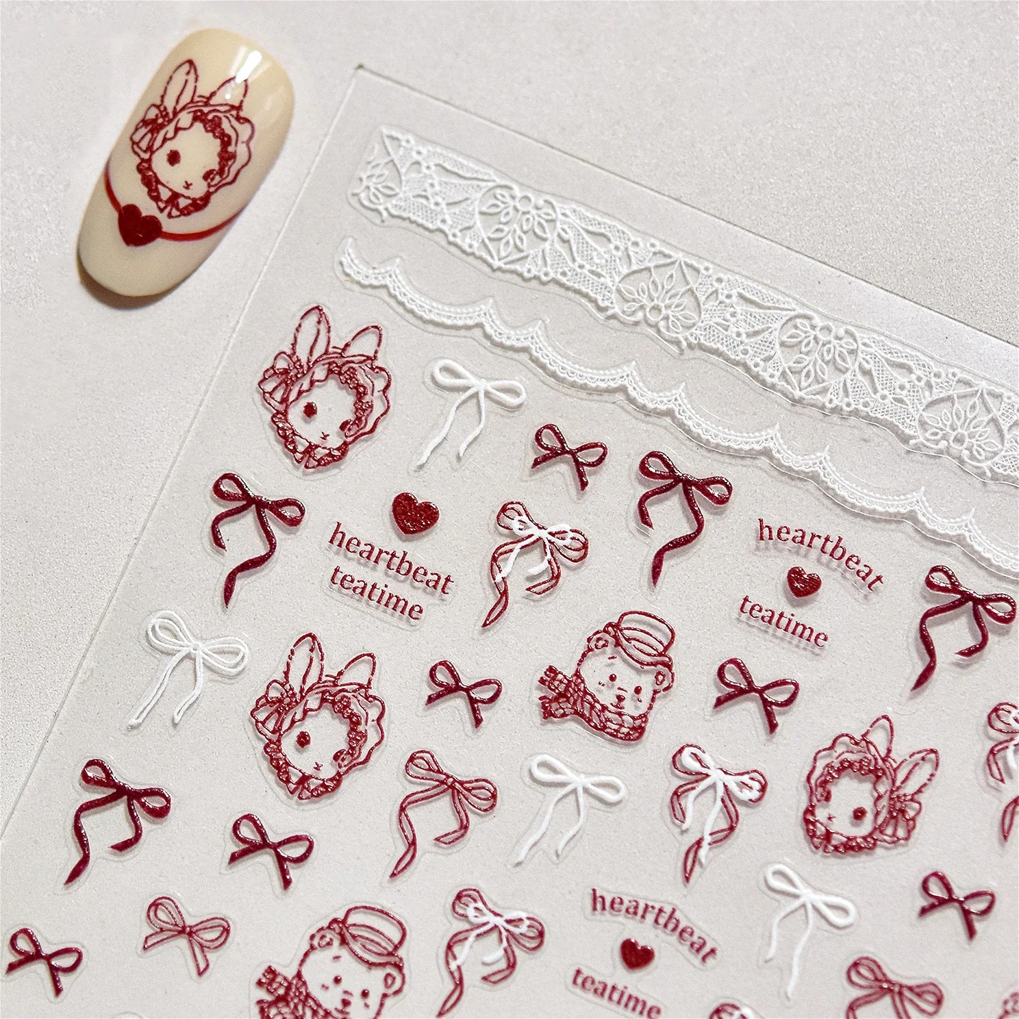 

Cute Bowkont Bear Rabbit Bunny Heartbeat Teatime Lace Line Adhesive Nail Art Stickers Chic Crystal Rhinestone Manicure Decals