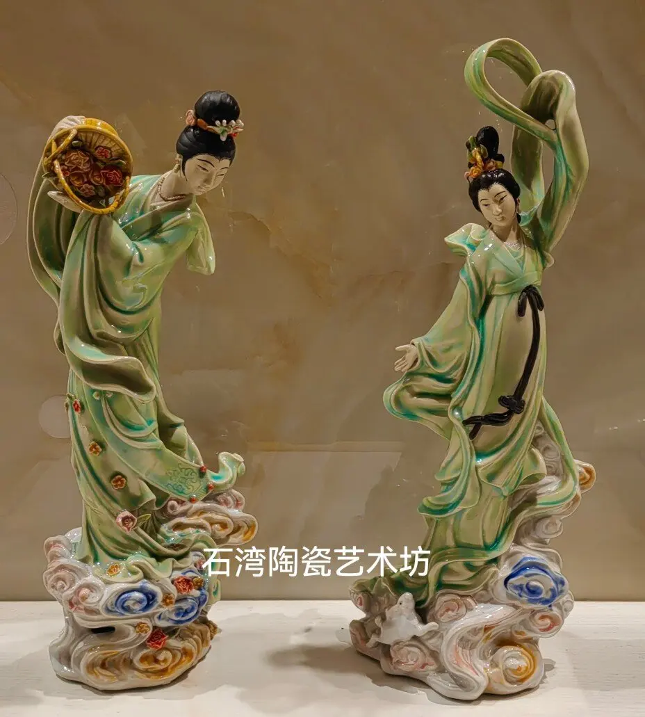 Ceramic fairy loose flower lady handmade home decoration ornament Chinese style foyer club Chang'e flying to the moon classical