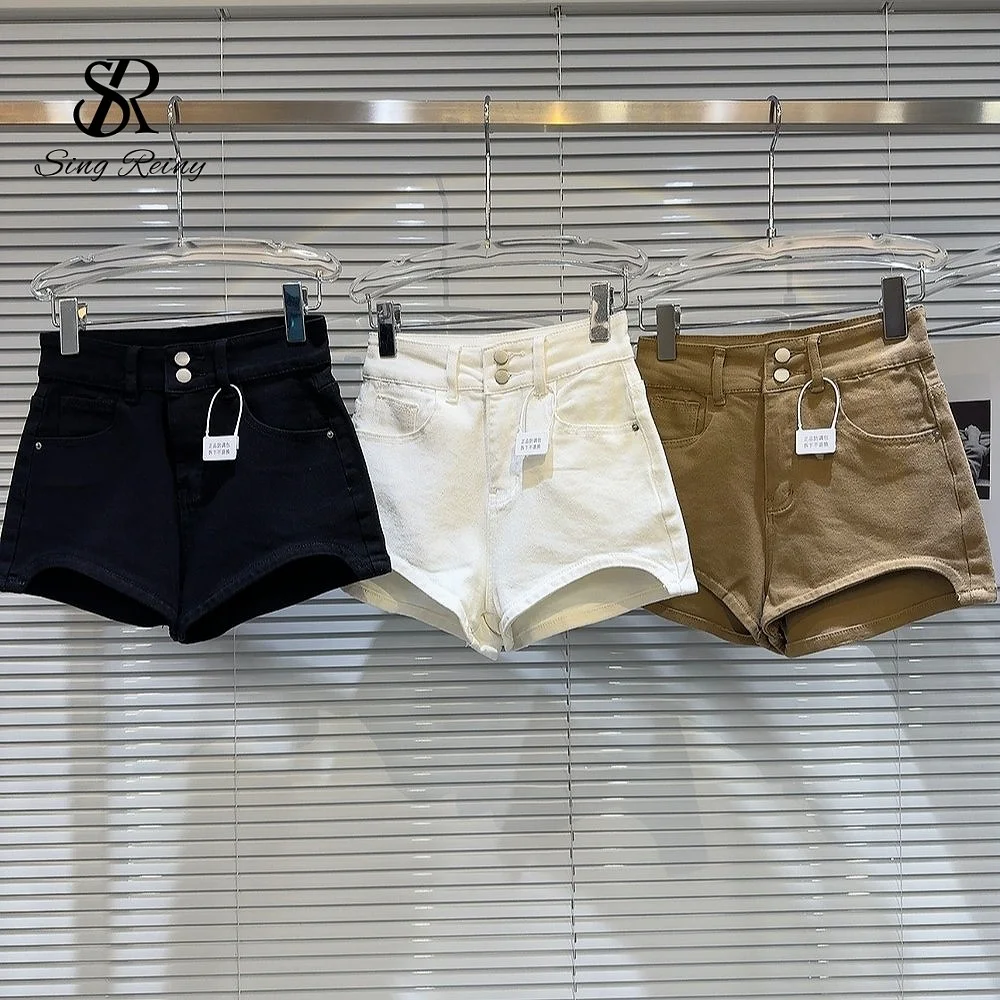 SINGREINY Summer Streetwear Denim Shorts Hot Girl Button Design Solid Basics Designer Inspired Irregular Sexy Retro Mini Shorts