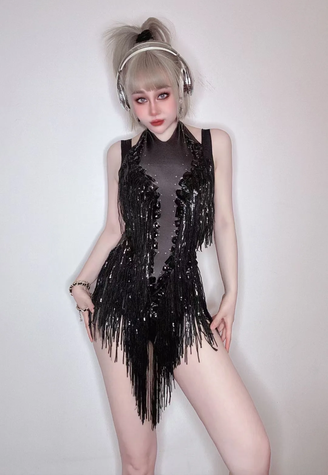 

Women Sparkly Rhinestones Sequins Fringes Leotard Sexy Tassel Bodysuit One-piece Sexy Club Performance Dance Show Clothing